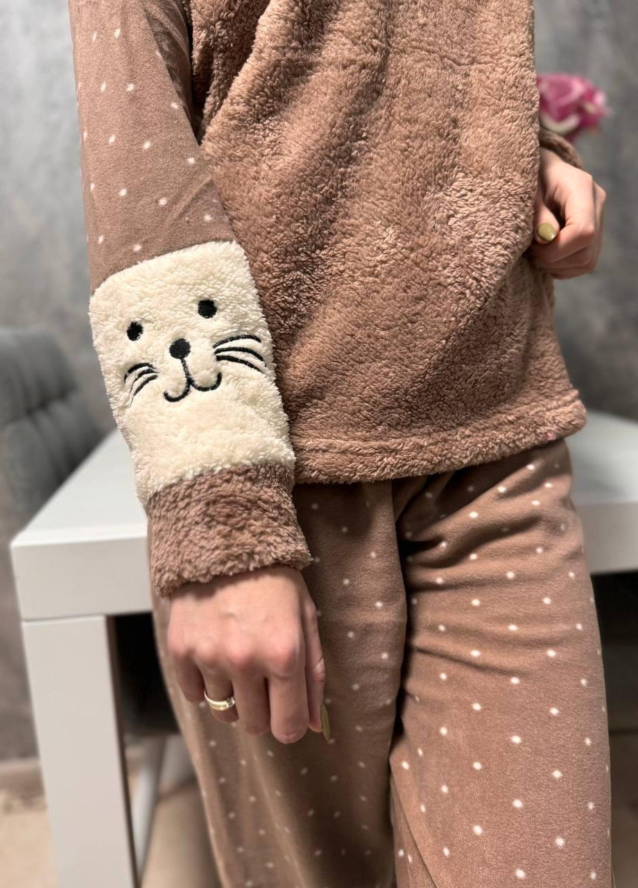 Бежевая зимняя пижама женская "" надпис флис, махра бежева r7 кофта + брюки Favor