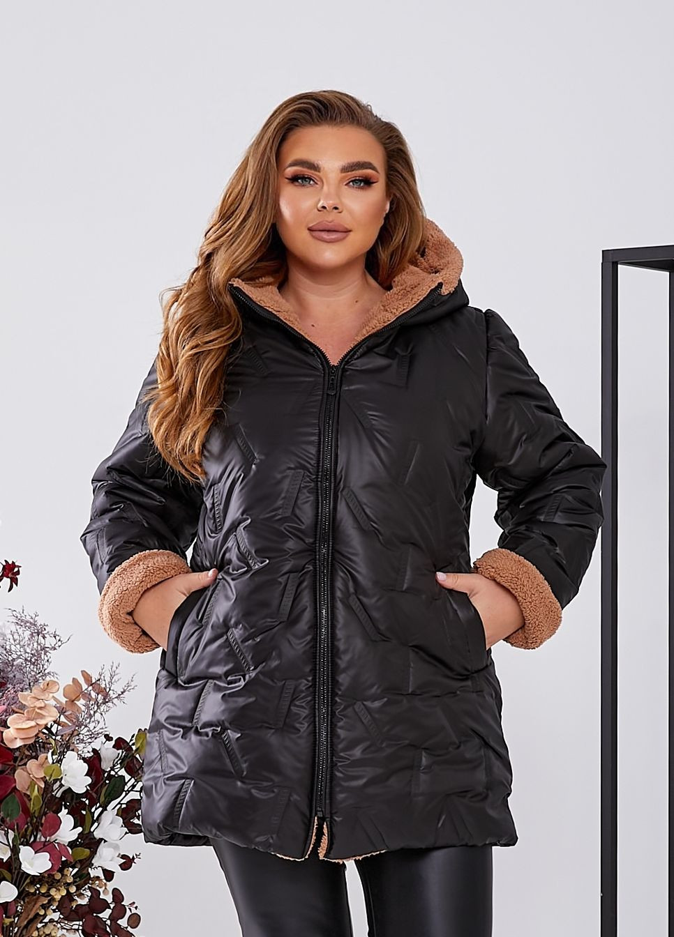 Черная зимняя удлиненная зимняя куртка с искусственным мехом No Brand