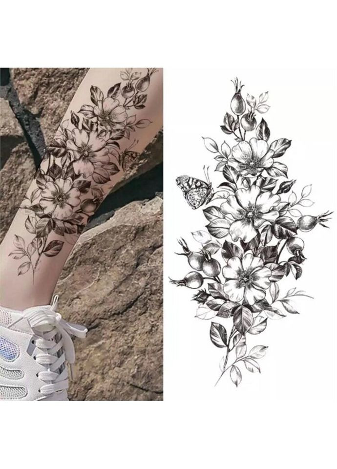 Тимчасове тату водостійке 3D велике Квіти та метелик XQB-360 19,5х9,5 см No Brand (269454827)