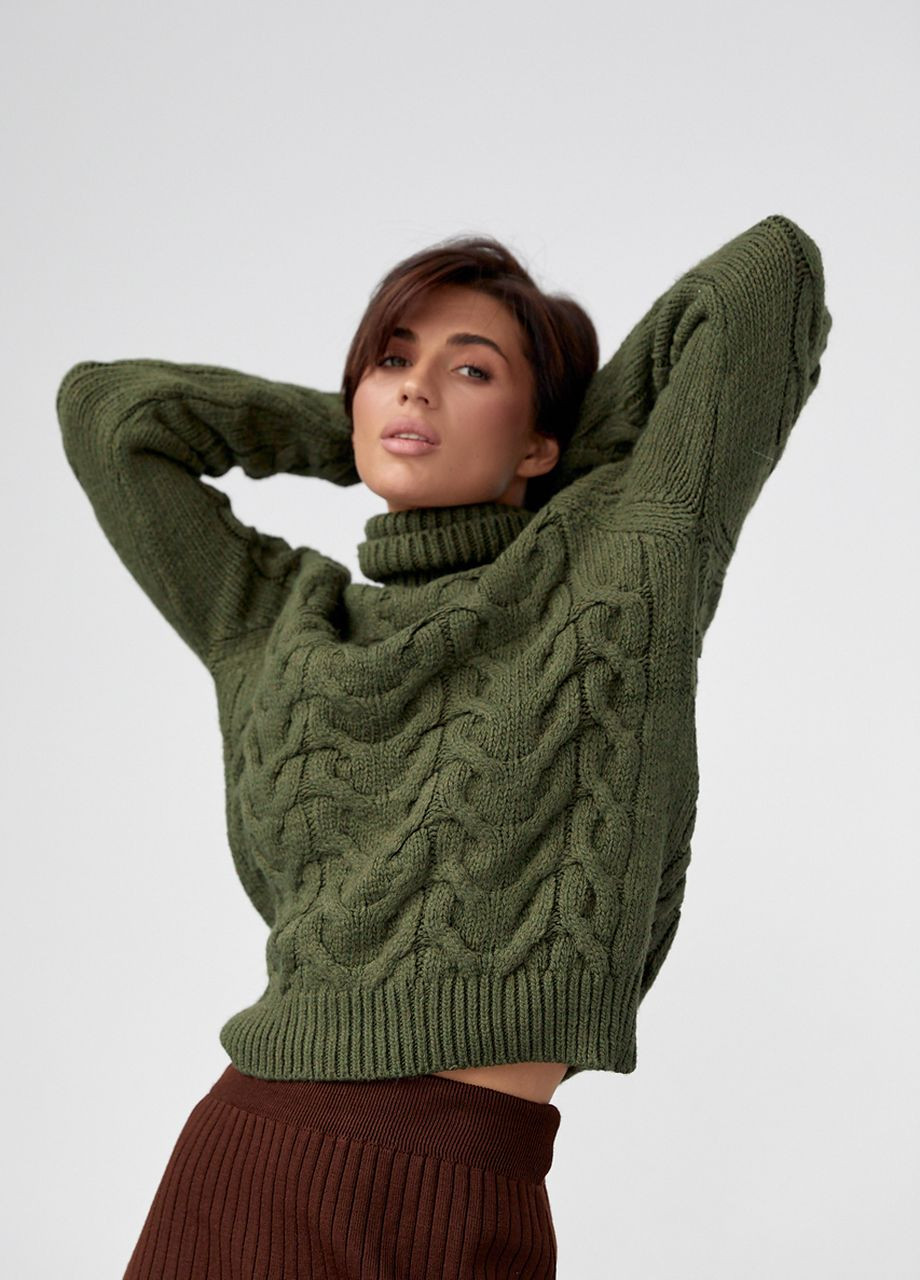 Оливковий (хакі) зимовий жіночий светр із великої в'язки в кіску Lurex