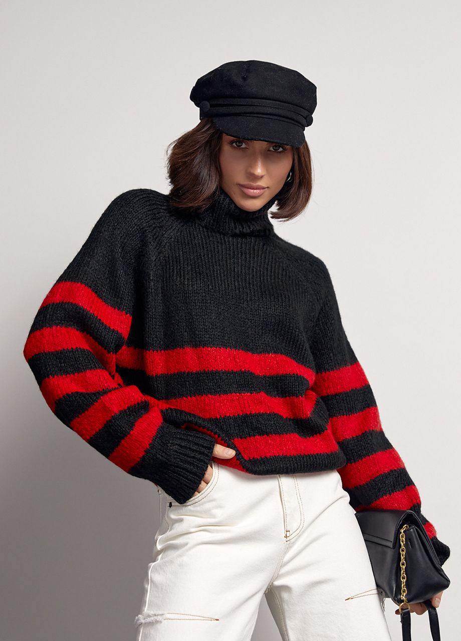 Красный зимний вязаный женский свитер в полоску Lurex