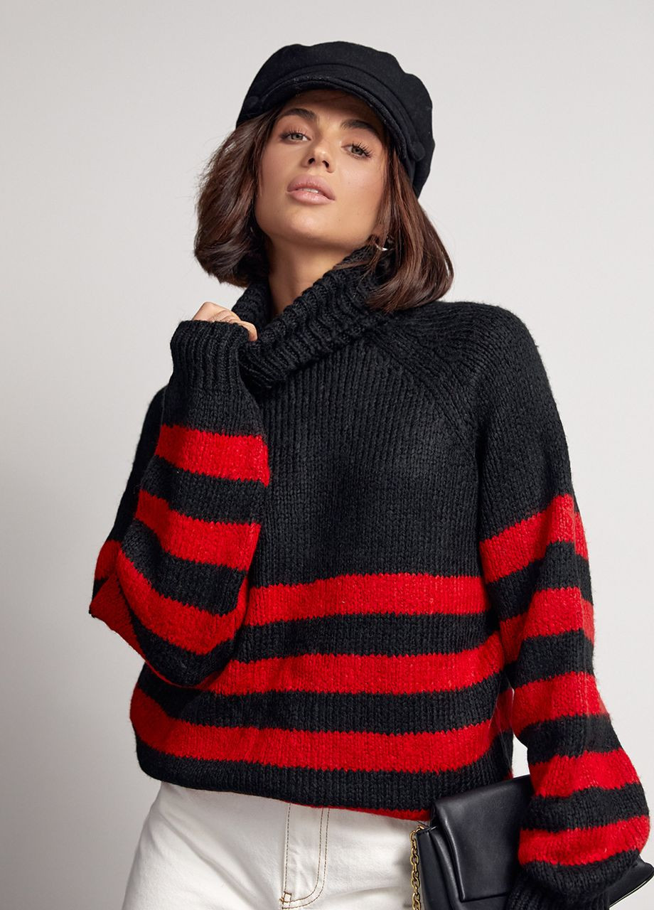 Красный зимний вязаный женский свитер в полоску Lurex