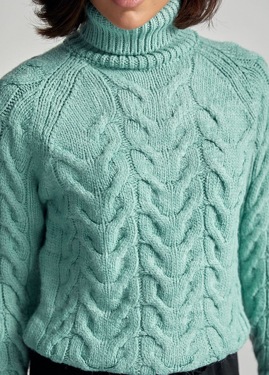 Мятный зимний женский свитер из крупной вязки в косичку Lurex