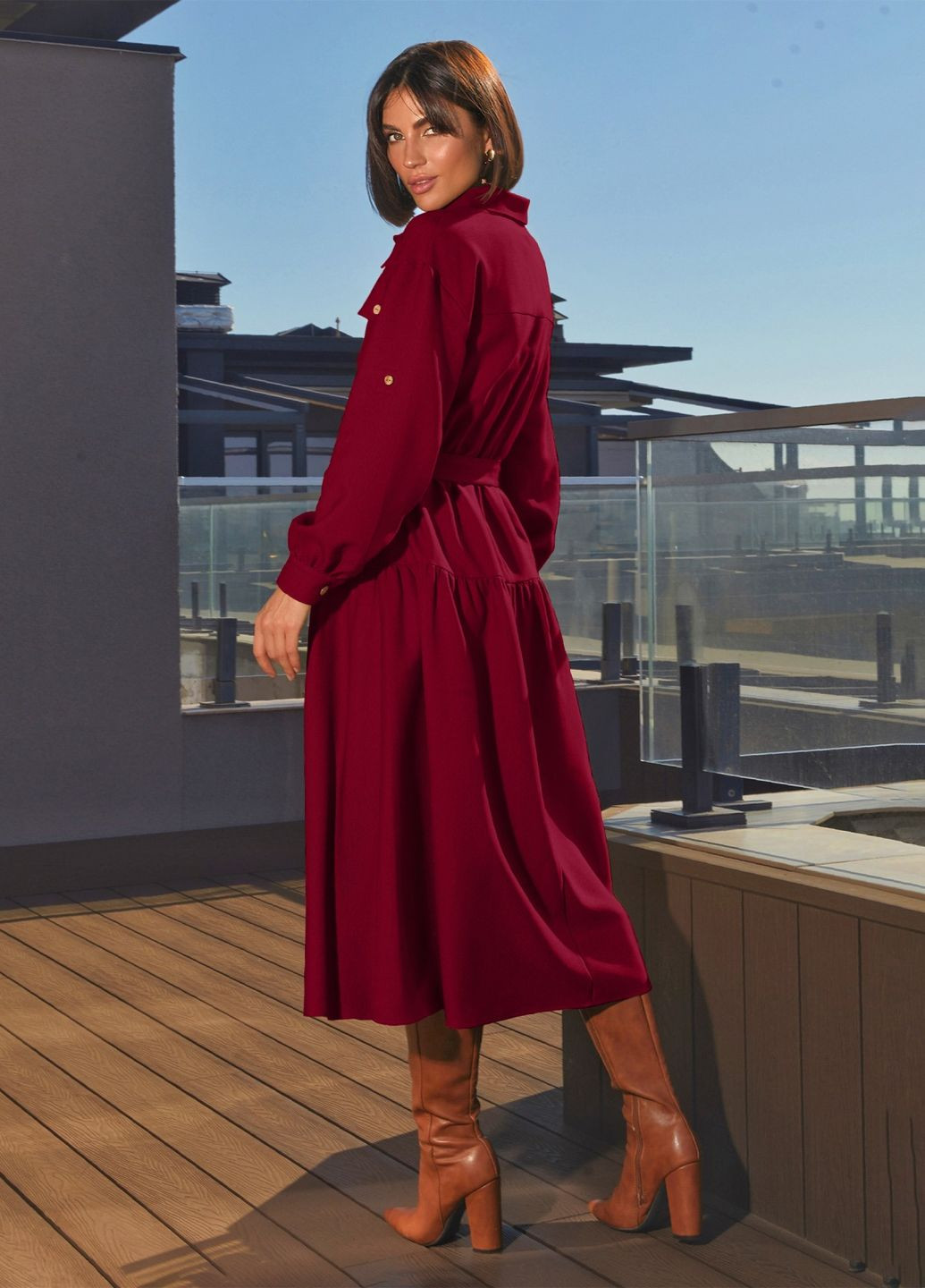 Бордовое кашемировое платье-миди с поясом бордовое Dressa