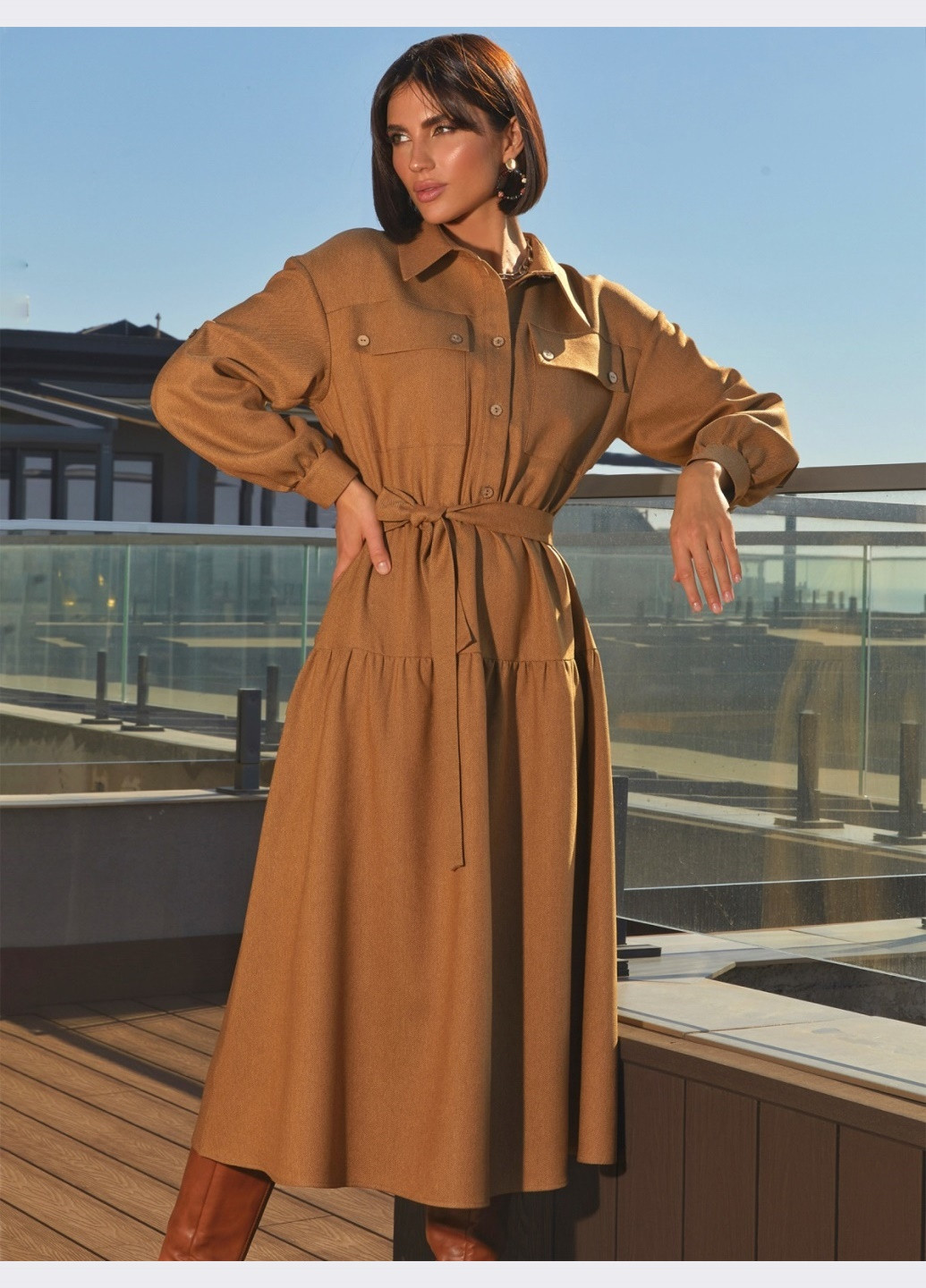 Бежевое кашемировое платье-миди с поясом бежевое Dressa