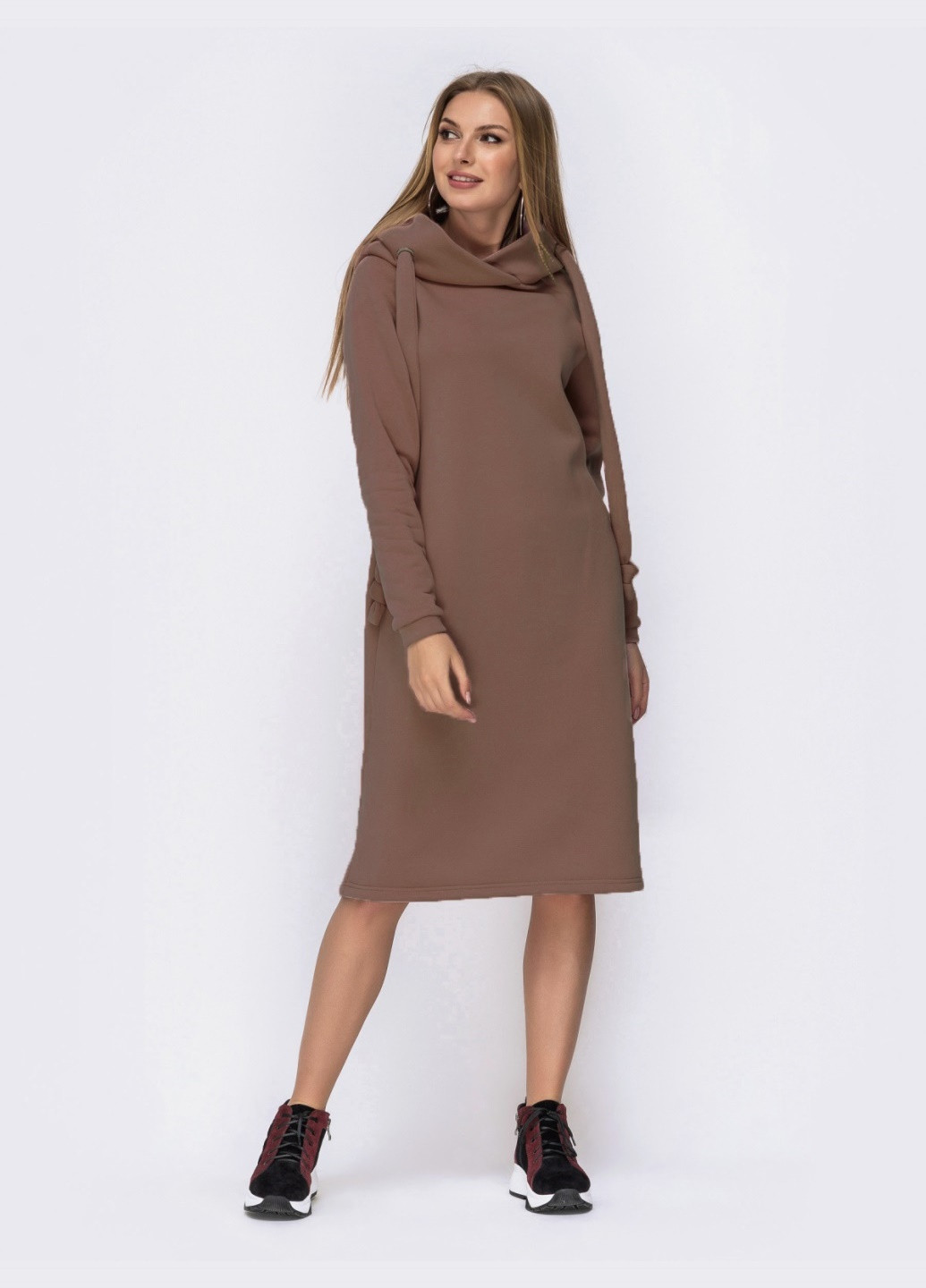 Коричневое коричневое платье на флисе в стиле oversize с капюшоном Dressa