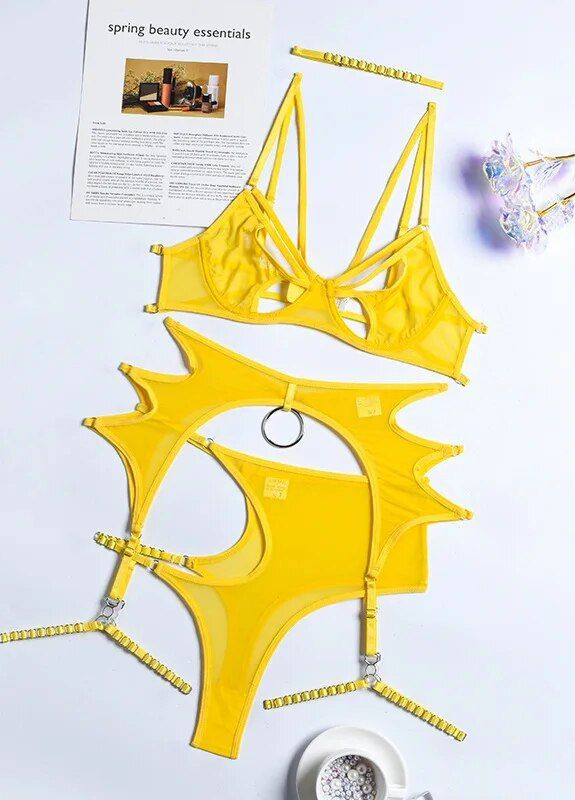 Желтый демисезонный сексуальный комплект белья лиф стринги пояс гартеры сеточка Veronica