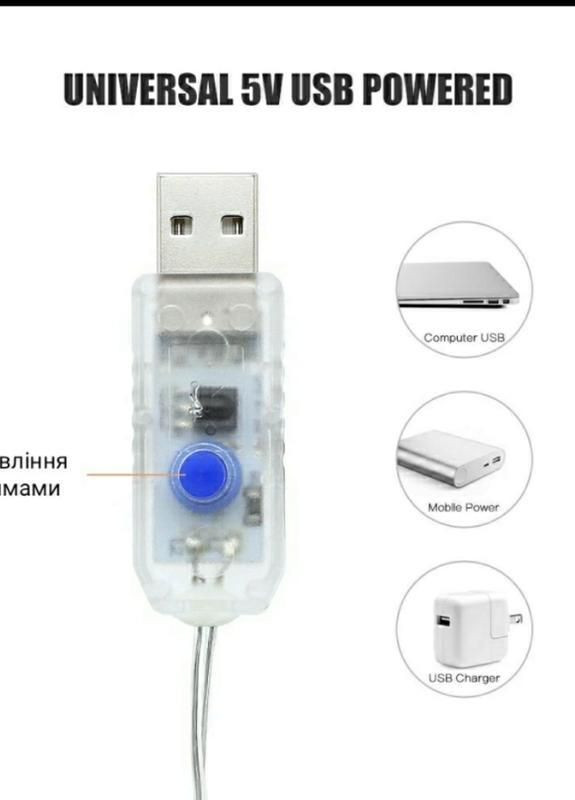 Світлодіодна гірлянда нитка з прищіпками 20шт 3м на батарейках+USB біла Po Fanu (270091662)