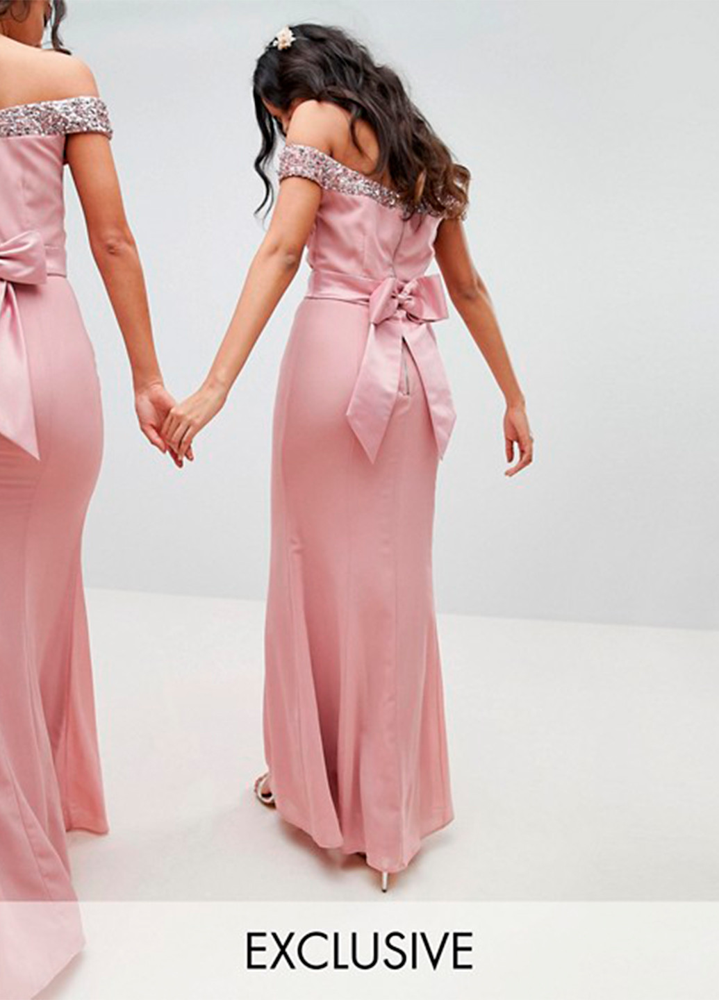 Розовое праздничный, коктейльное, вечернее женское шифоновое макси платье с открытой спиной, с открытыми плечами Maya однотонное