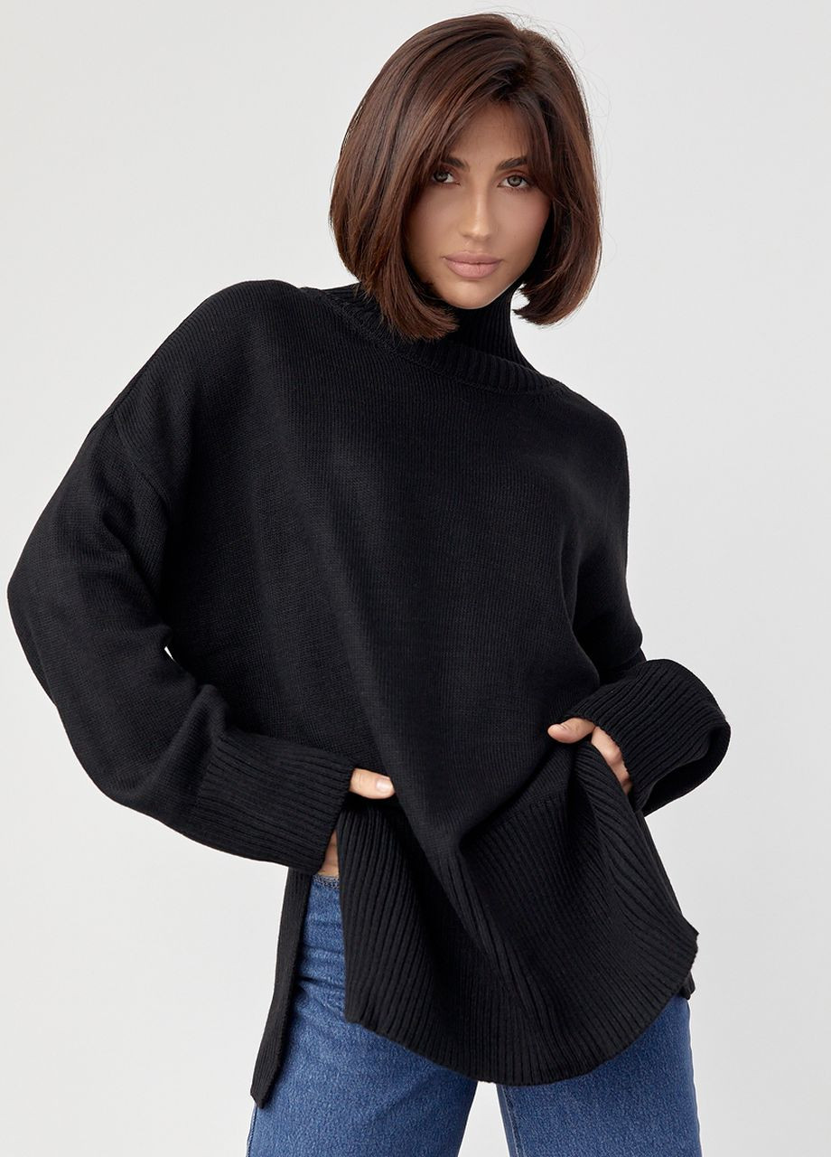 Чорний демісезонний жіночий трикотажний светр oversize з розрізами з боків Lurex