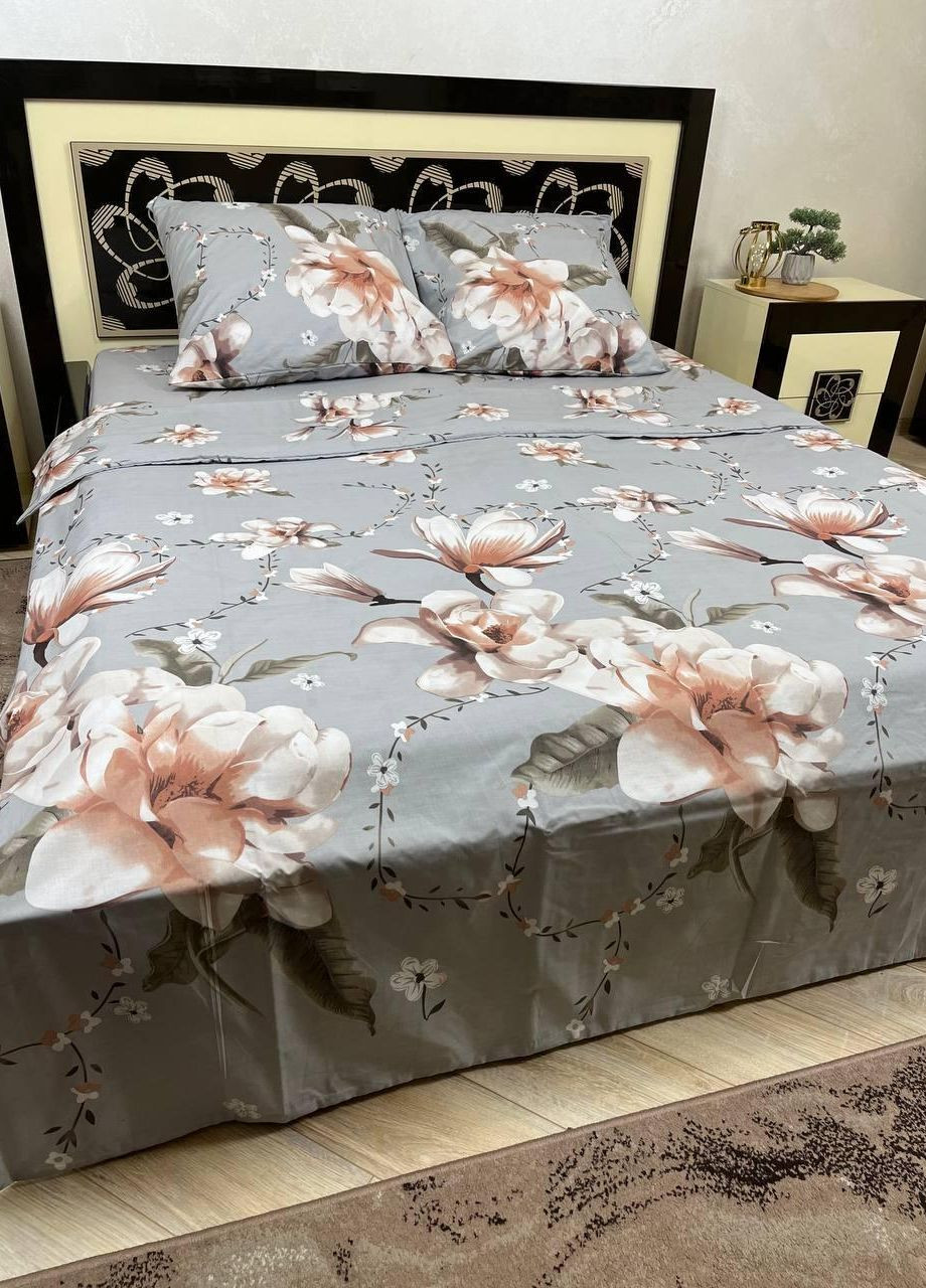 Постельное белье хлопковое Цветы Евро Простынь на резинке 160x200х20 Бязь Серое 50 х 70 No Brand (270469983)