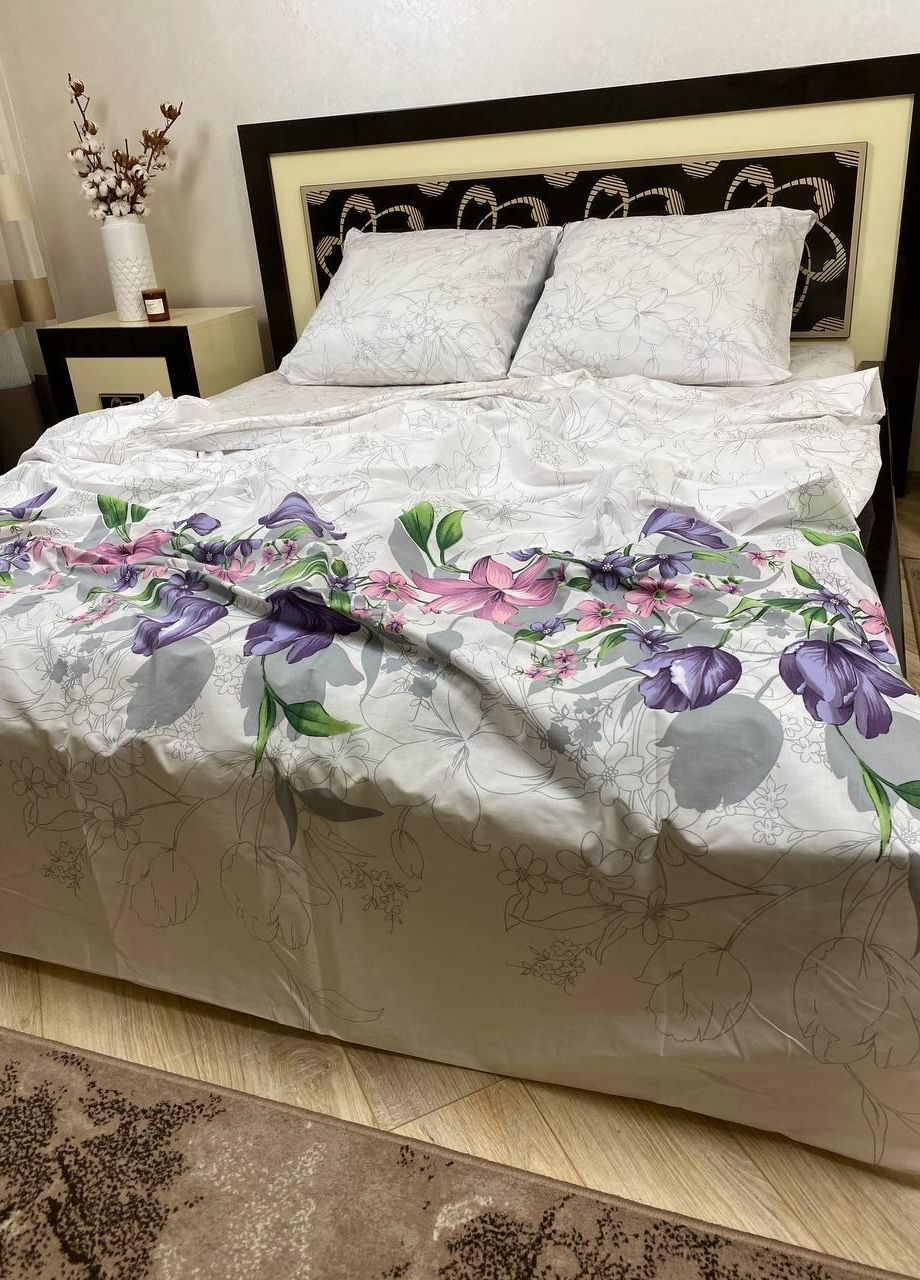 Постельное белье хлопковое Цветы Двуспальное 180 x 220 Бязь Белое 70 х 70 No Brand (270470197)