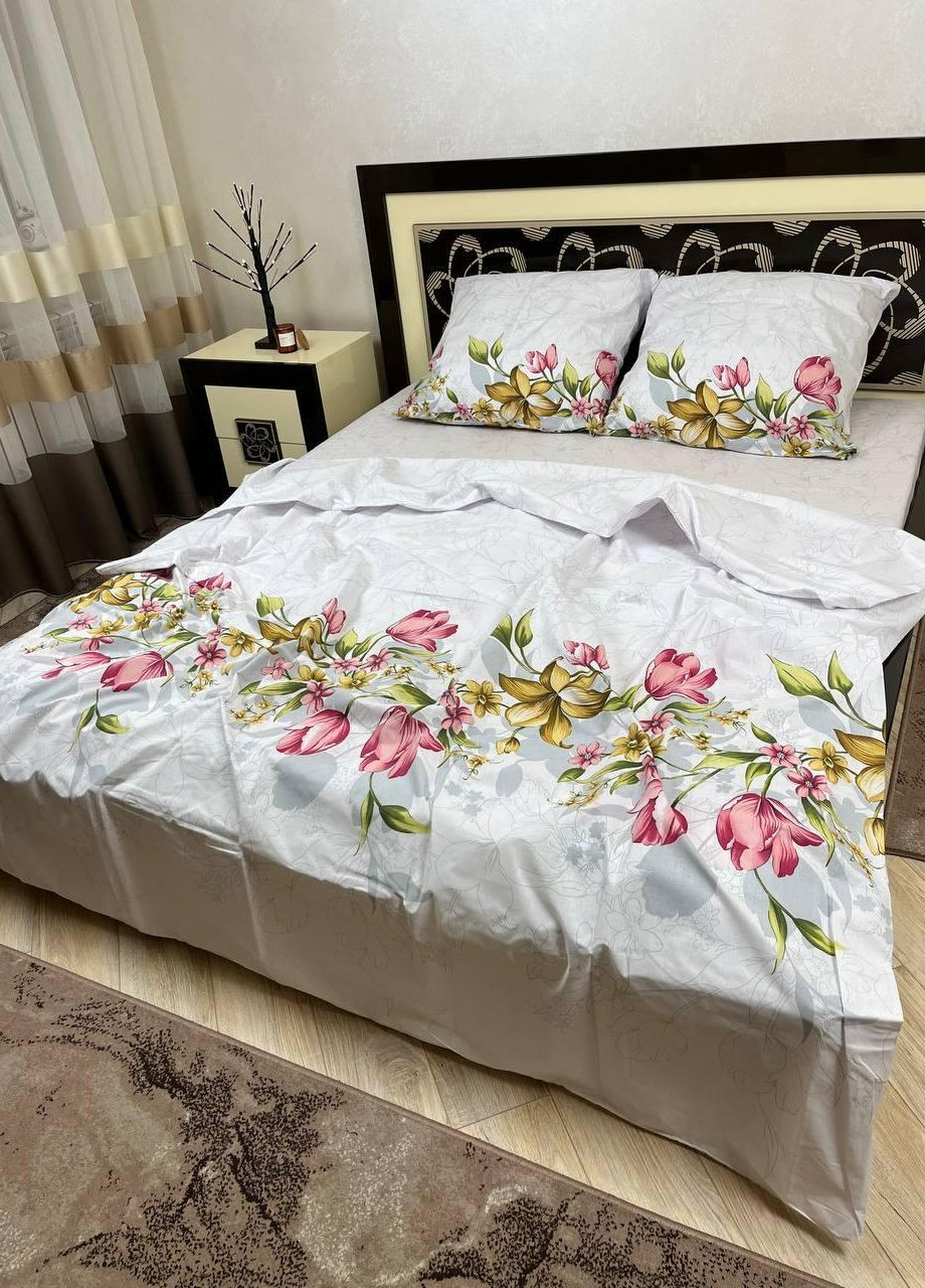 Постельное белье хлопковое Цветы Двуспальное Простынь на резинке 160x200х20 Бязь Белое 50 х 70 No Brand (270469808)