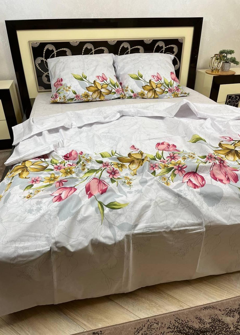 Постільна білизна бавовняна Квіти Євро Простирадло на гумці 160x200х20 Бязь Білий 70 х 70 No Brand (270469737)