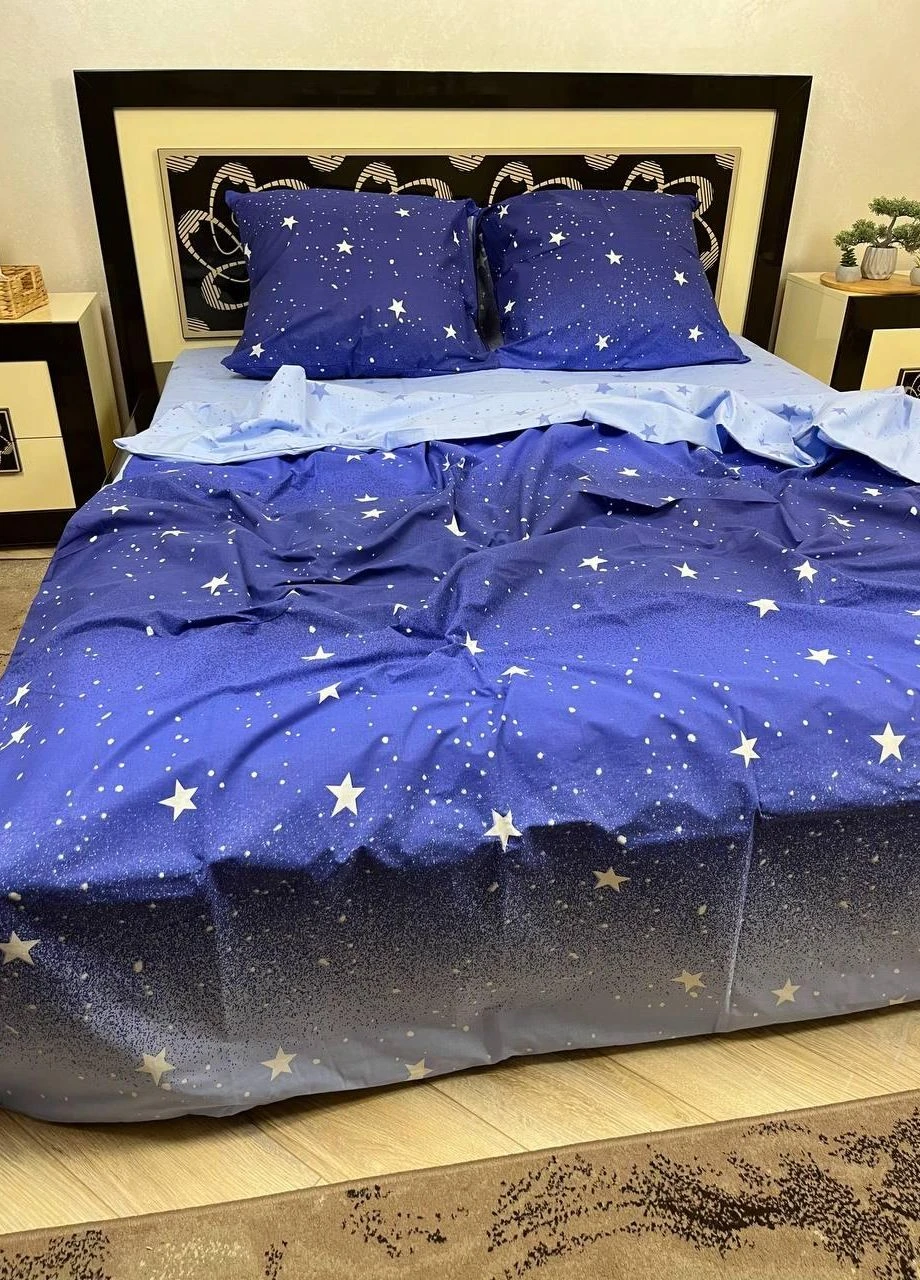 Постельное белье хлопковое Звезды Двуспальное 180 x 220 Бязь Синий 70 х 70 No Brand (270469786)