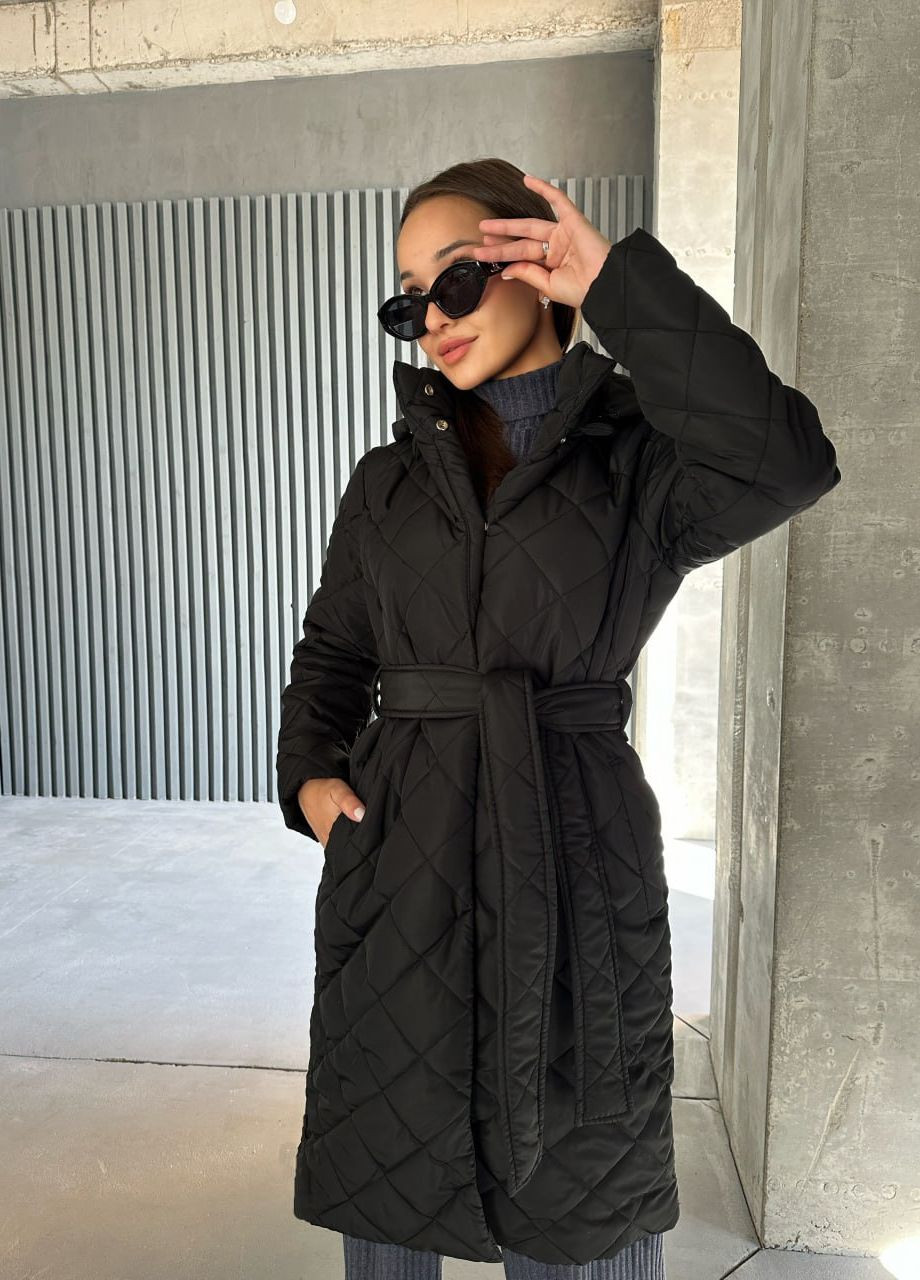 Черное зимнее Зимнее куртка-пальто на силиконе однобортное No Brand