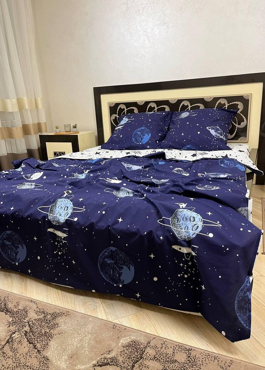 Постельное белье хлопковое Планеты Двуспальное 180 x 220 Бязь Синий 50 х 70 No Brand (271124379)