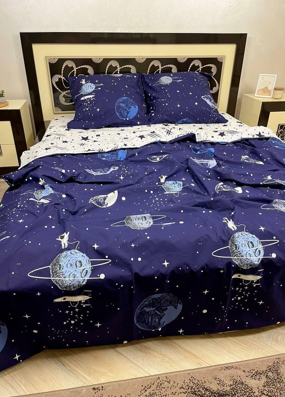 Постельное белье хлопковое Планеты Двуспальное 180 x 220 Бязь Синий 50 х 70 No Brand (271124379)