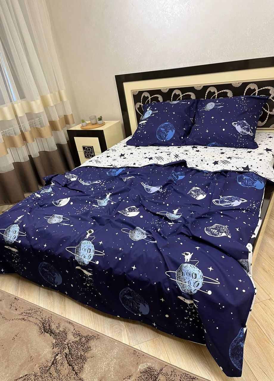 Постільна білизна бавовняна Планети Євро Простирадло на гумці 180x200х20 Бязь Синій 70 х 70 No Brand (271124487)