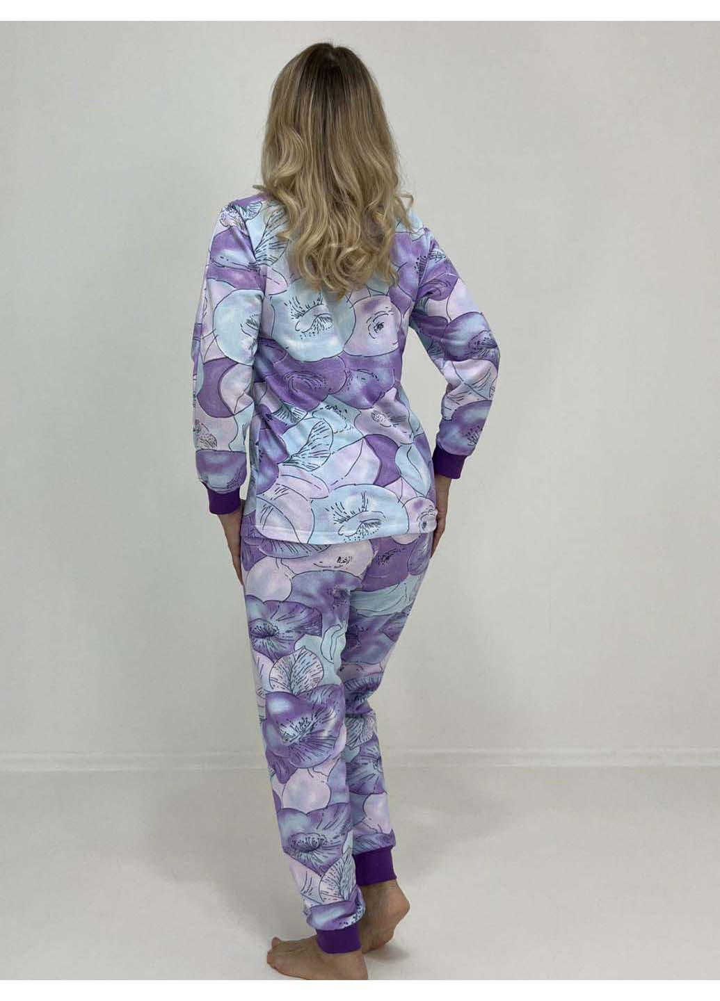 Комбинированная зимняя пижама сиреневые цветы кофта + брюки Triko 81796532
