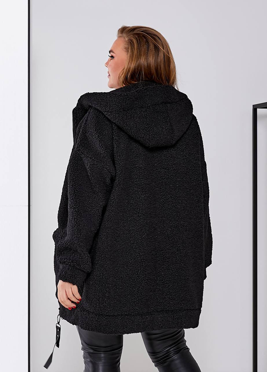 Черная демисезонная женская удлиненная куртка-барашек с двойным капюшоном Modena