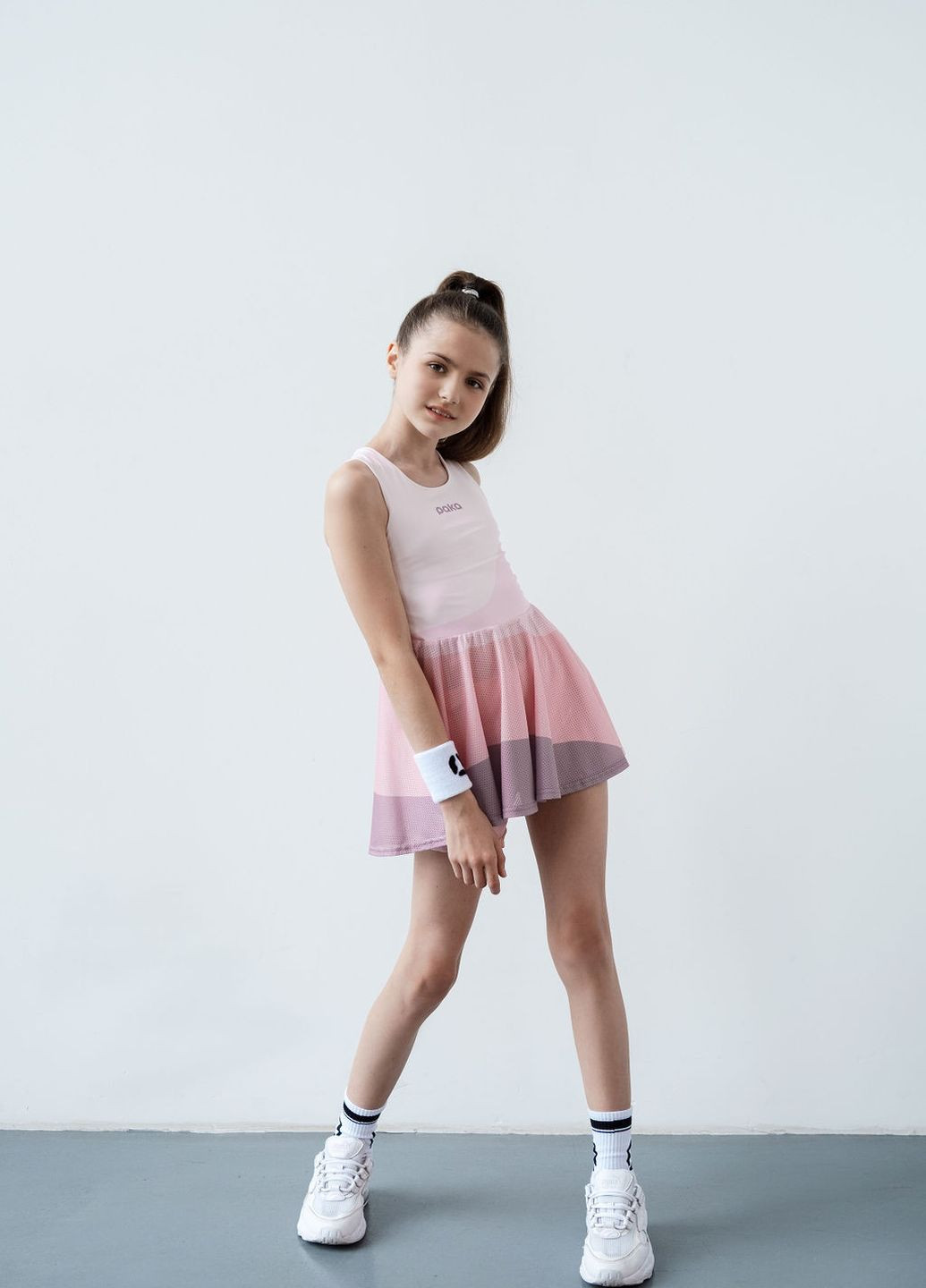 Розовый демисезонный комплект спортивный, детский, для игры в теннис, девочкам, touch (платье, велосипедки, носки и напульсники) Paka