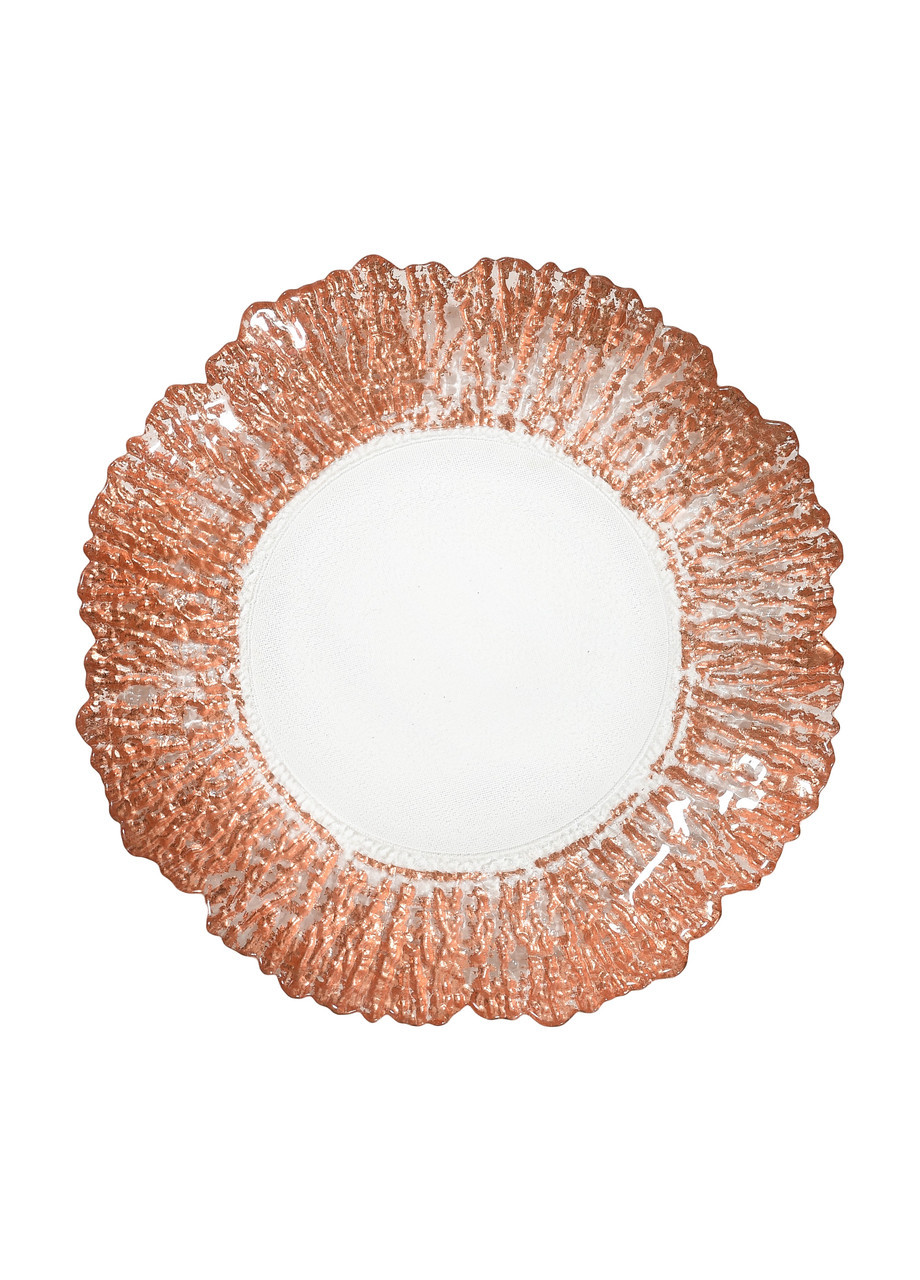 Тарелка подставная стеклянная Коралл Ø 33см круглая с краснозолотыми краями для праздничного стола REMY-DECOR (271416325)