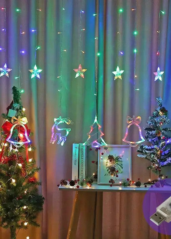 Гирлянда-бахрома штора Рождественские фигурки 12 нитей 120 3м*1м на батарейках+USB мульти Led (271527229)
