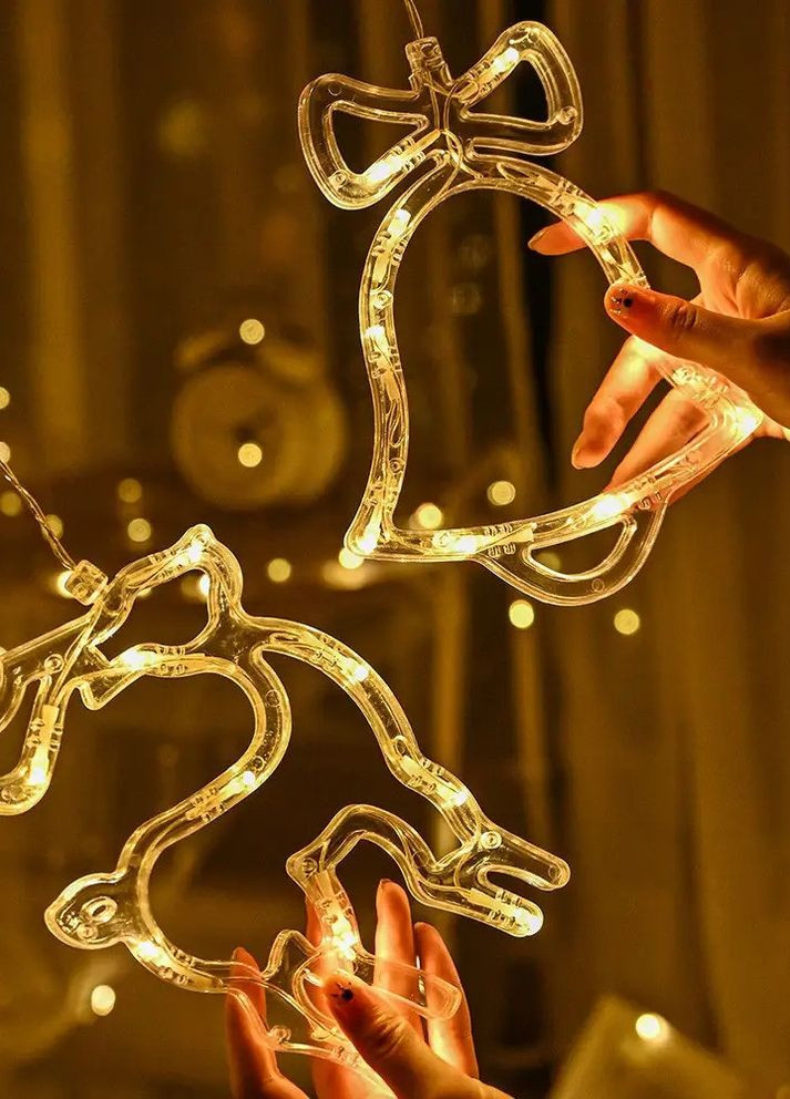 Гирлянда-бахрома штора Рождественские фигурки 12 нитей 120 3м*1м на батарейках+USB теплый белый Led (271527227)