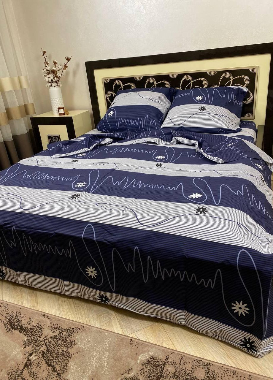 Постельное белье хлопковое Узоры Полуторное 150 x 220 Бязь Синий 70 х 70 No Brand (271518541)