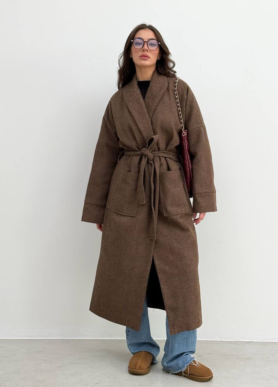 Коричневое демисезонное Женское пальто длинное Кимоно на запах с поясом Oversize ZF inspire