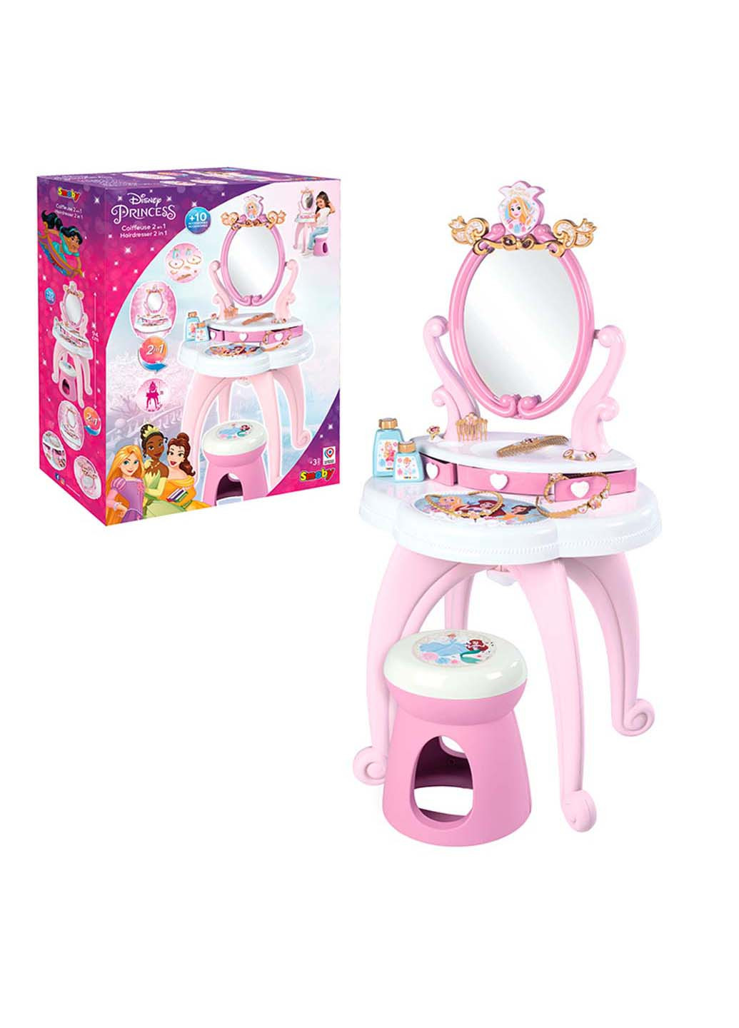 Туалетний столик з дзеркалом Дісней Принцеси Перукарня 2-в-1 зі стільцем з приладдям Smoby (271537666)