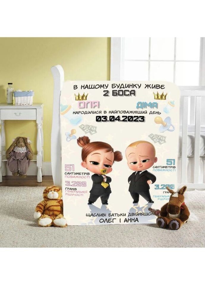 Плед 3D со своими пожеланиями с метрикой "В нашому будинку живе 2 БОСА" для близнецов/близнецов 20222393_C 11596 80х100 см Fashion (271549397)