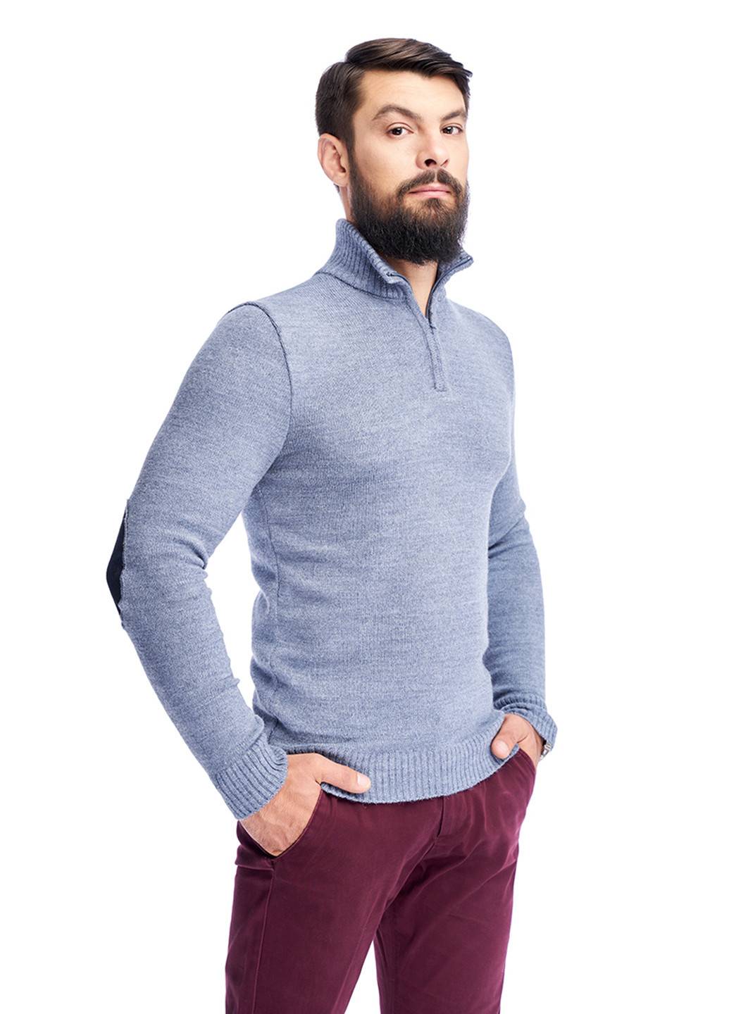 Серо-голубой мужской эластичный свитер на змейке SVTR