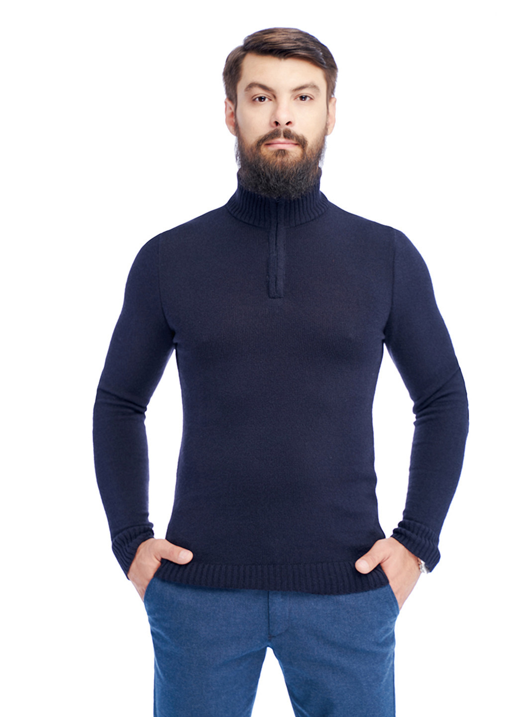 Темно-синій чоловічий еластичний светр з коміром на блискавці SVTR