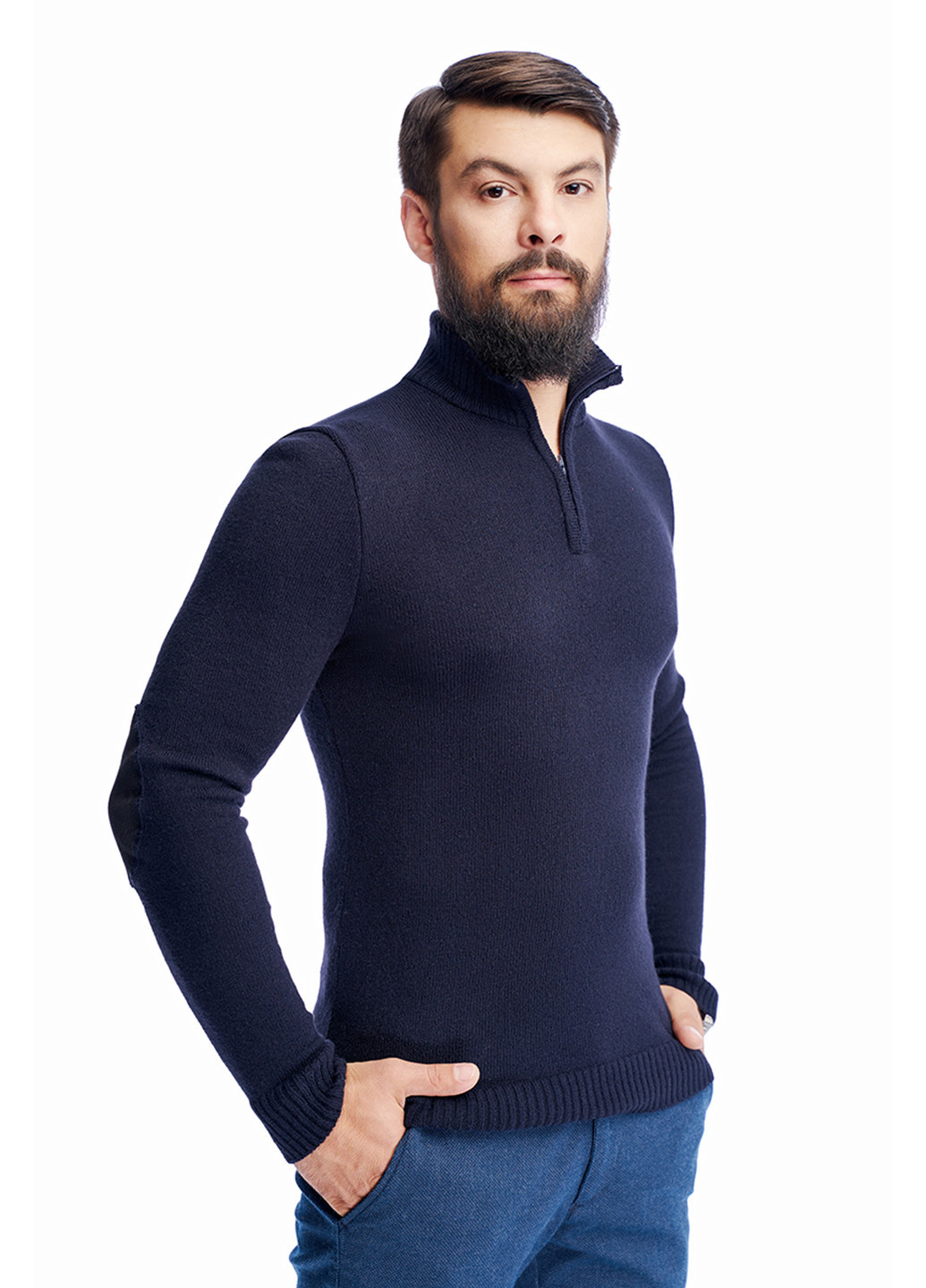 Темно-синій чоловічий еластичний светр з коміром на блискавці SVTR