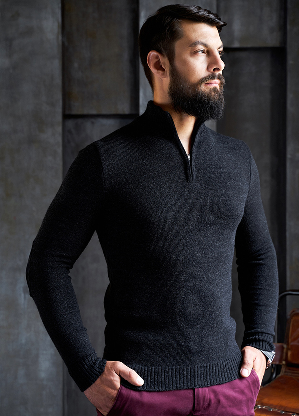 Темно-серый мужской эластичный свитер на змейке SVTR