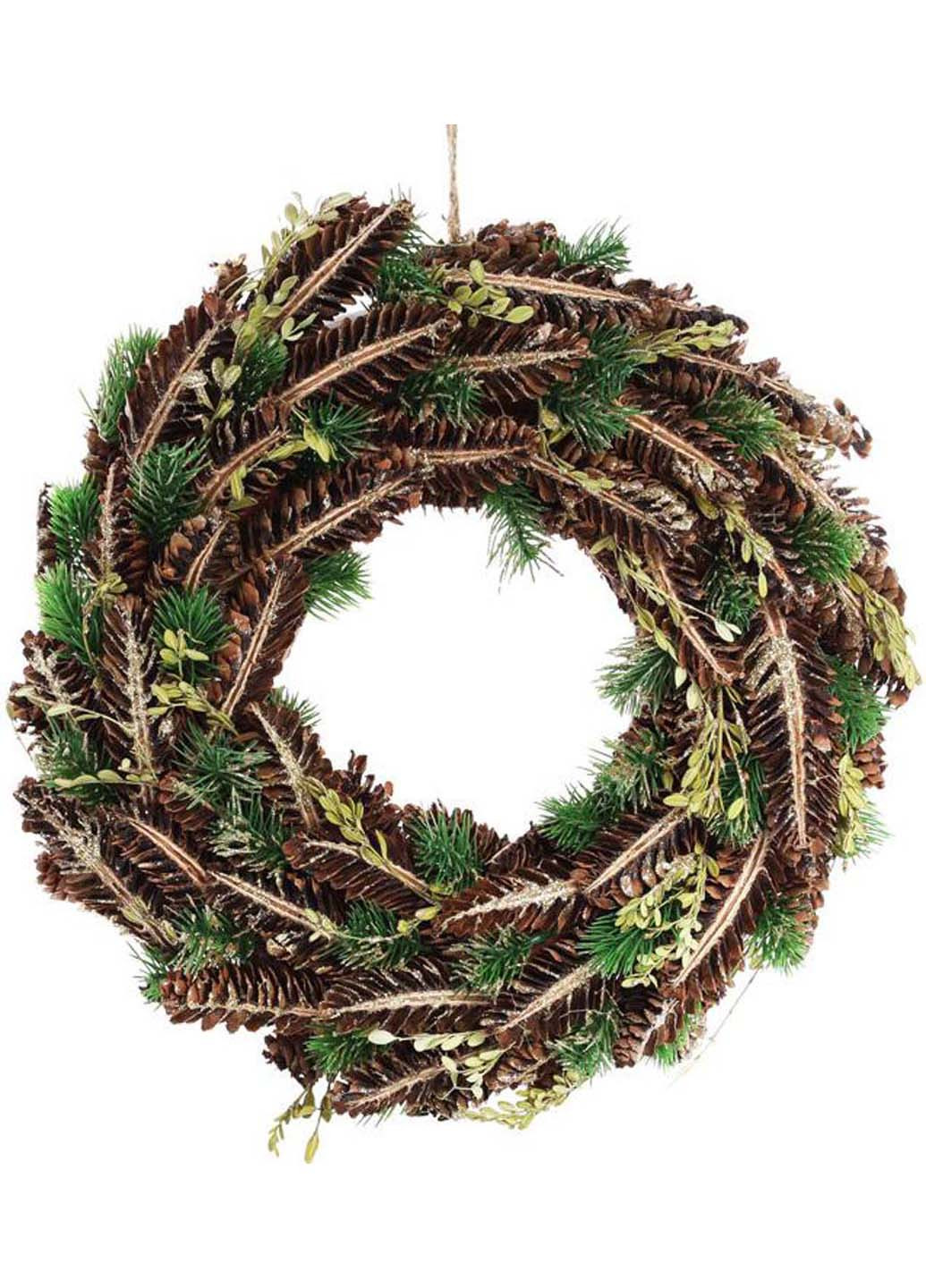 Вінок новорічний декоративний Зелені гілки з натуральними шишками Bona (271818084)