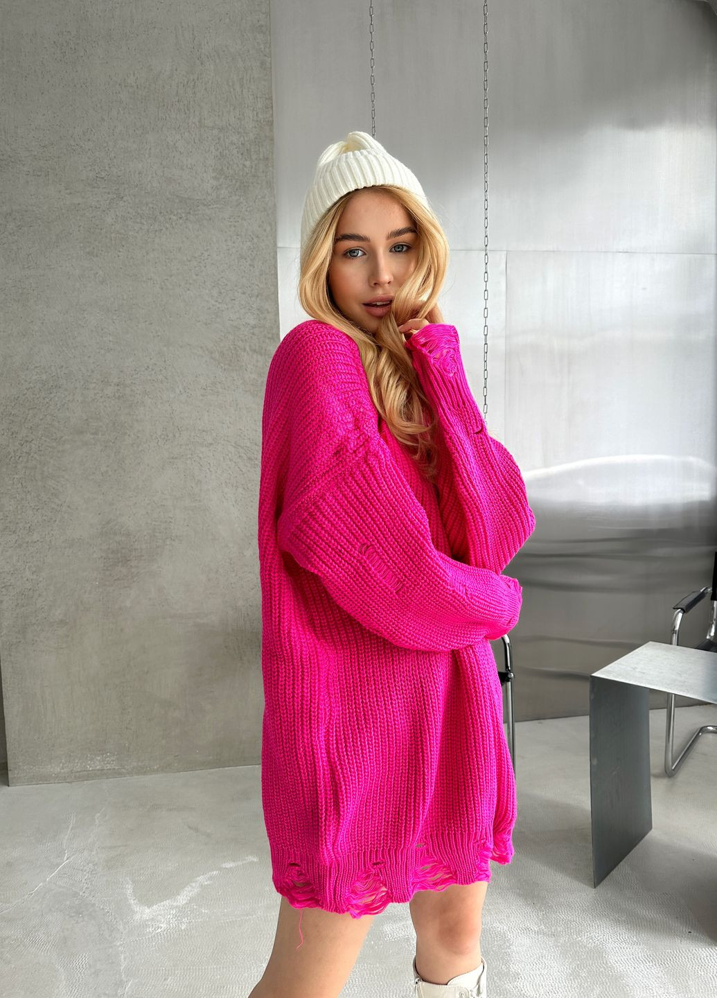 Малиновий демісезонний трендовий светр-сукня вільного крою джемпер No Brand