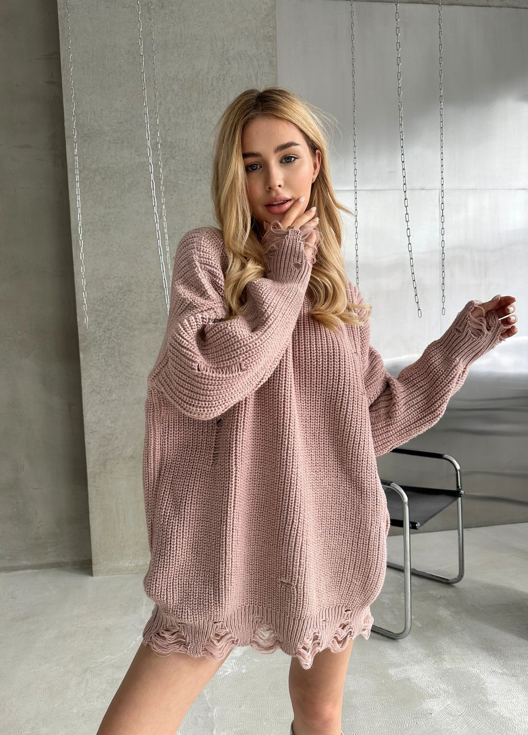 Розово-лиловый демисезонный трендовый свитер-платье свободного кроя джемпер No Brand
