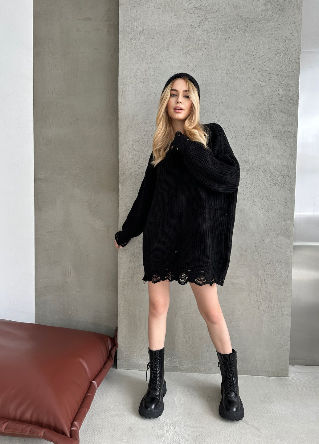 Черный демисезонный трендовый свитер-платье свободного кроя джемпер No Brand