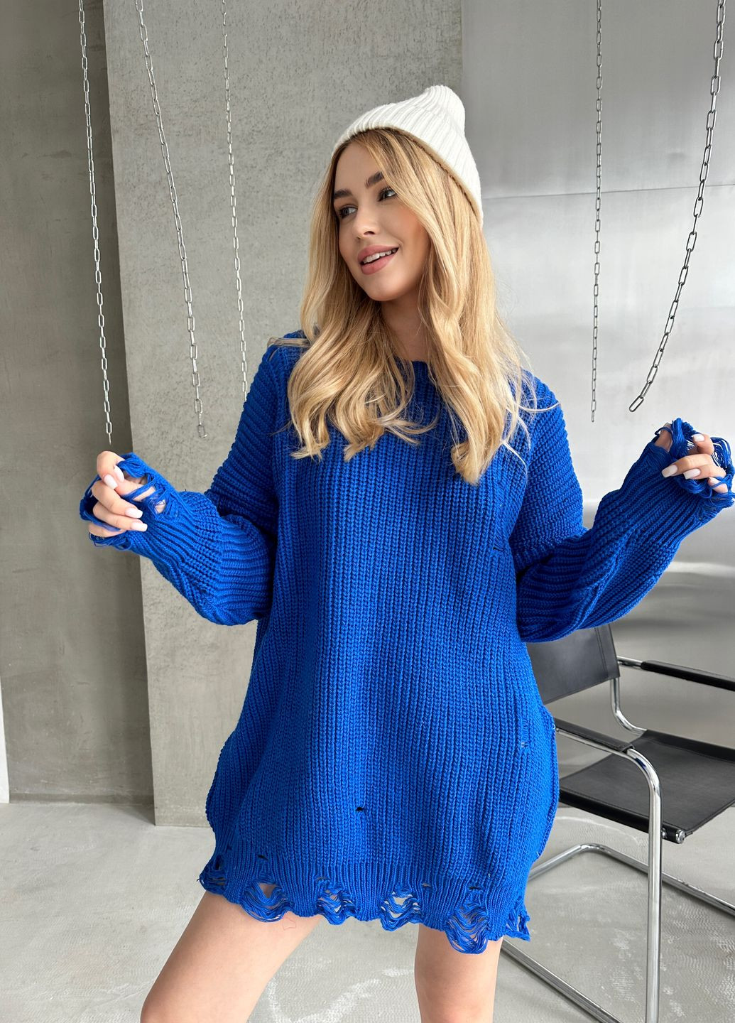 Светло-синий демисезонный трендовый свитер-платье свободного кроя джемпер No Brand