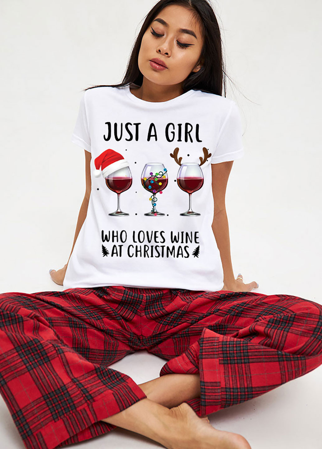 Белая всесезон пижама фланелевая girl. wine. (футболка белая, брюки в красную клетку) Love&Live