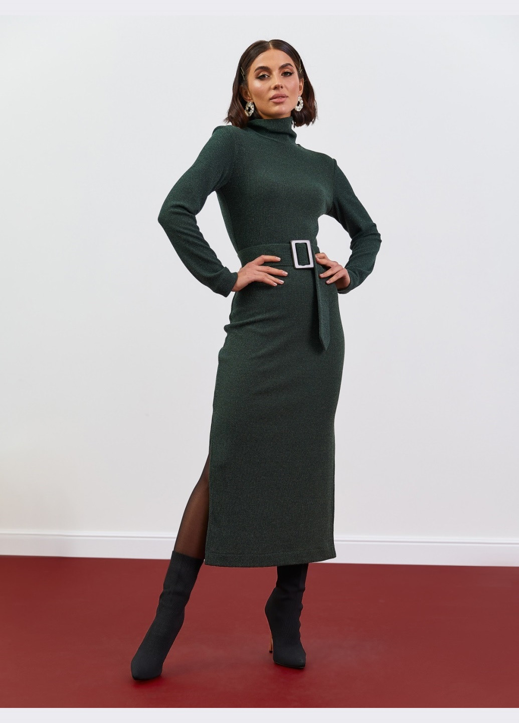 Зеленое платье-миди с люрексом зеленого цвета с поясом Dressa