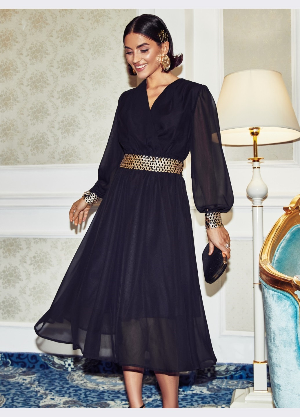 Черное вечернее платье-клёш чёрного цвета с запахом Dressa