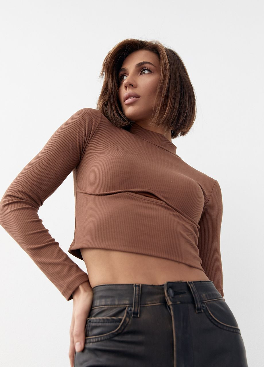 Коричневый демисезонный трикотажный кроп-топ с фигурным швом и вырезом Lurex