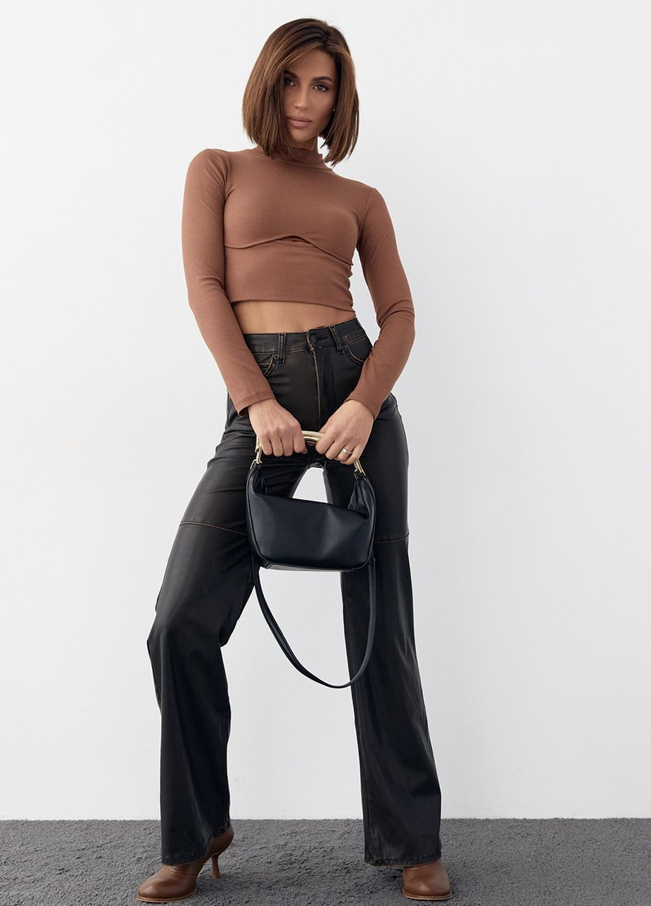 Коричневый демисезонный трикотажный кроп-топ с фигурным швом и вырезом Lurex