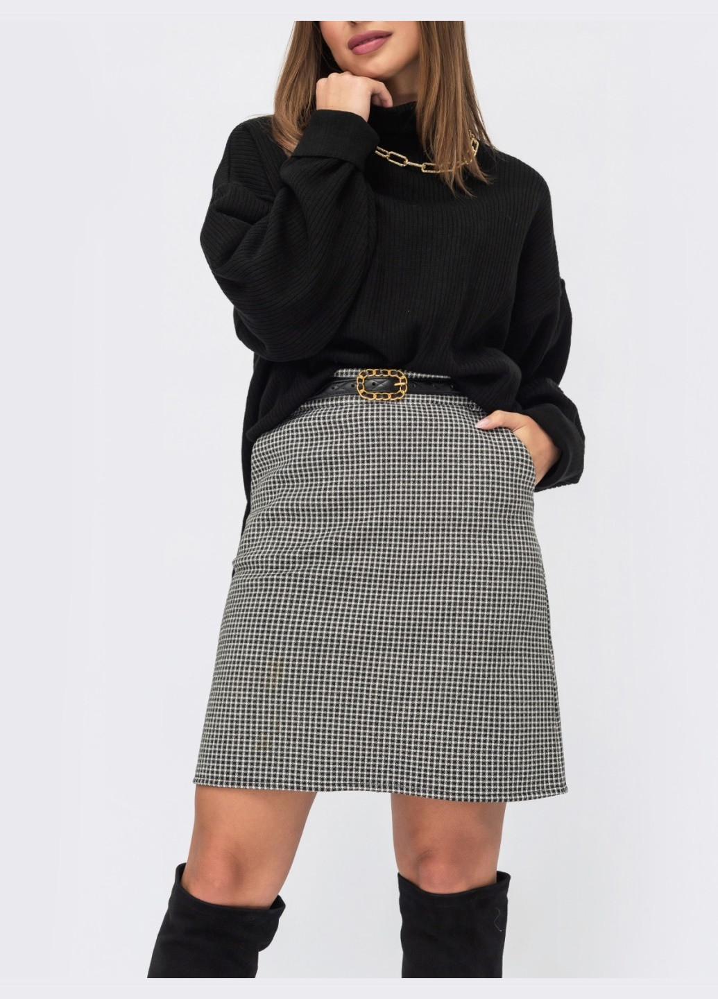 Черная юбка-трапеция в клетку черная Dressa