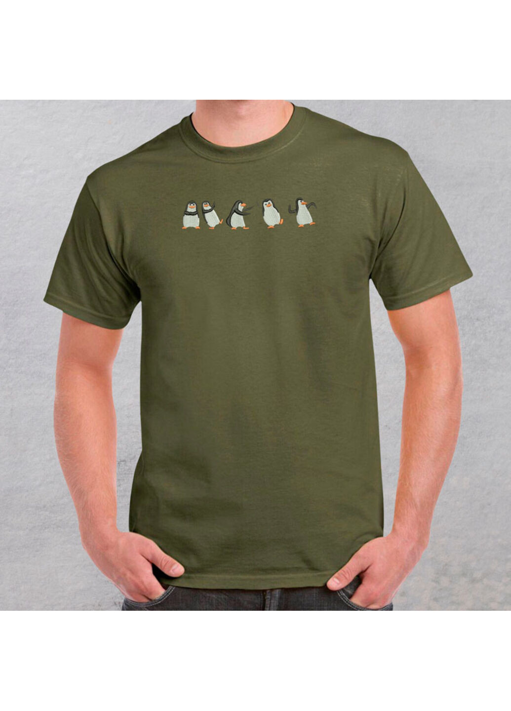 Хаки (оливковая) футболка с вышивкой пингвинов 01-4 мужская хаки 3xl No Brand