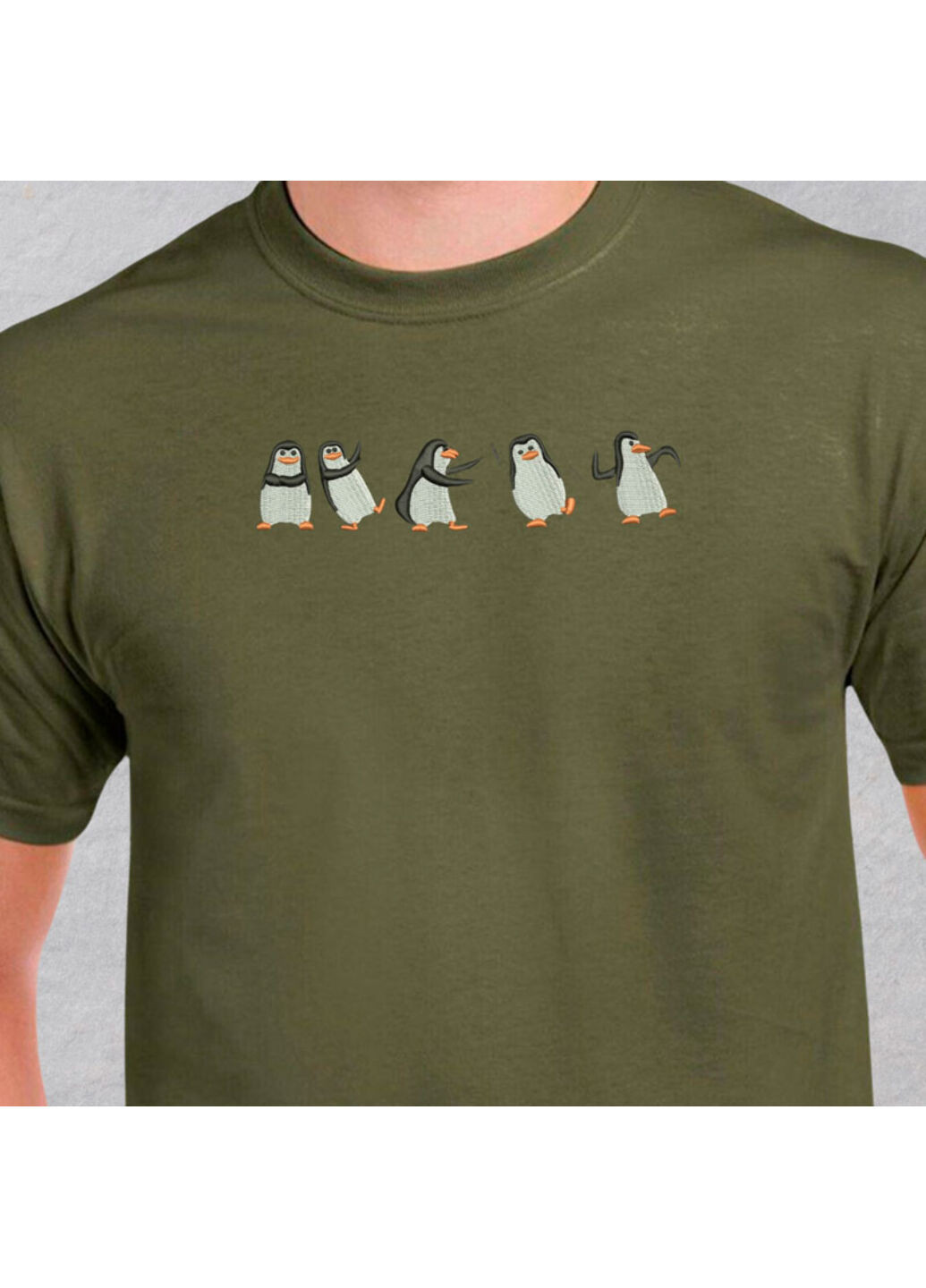Хаки (оливковая) футболка с вышивкой пингвинов 01-4 мужская хаки s No Brand